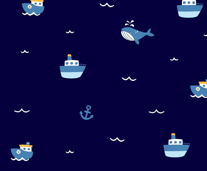 Pattern design with whale and tugboat print