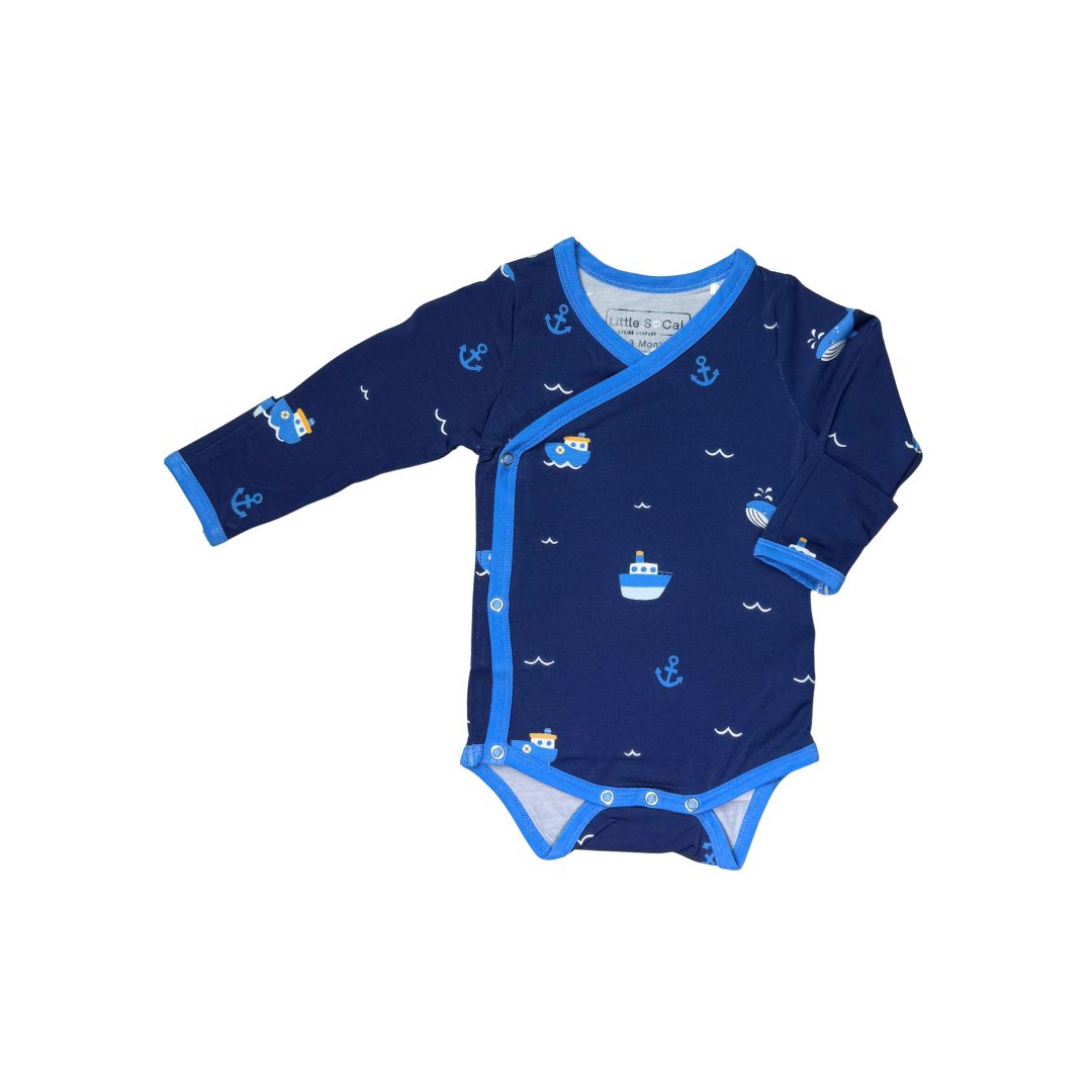 Baby onsie with tugboat and whale print